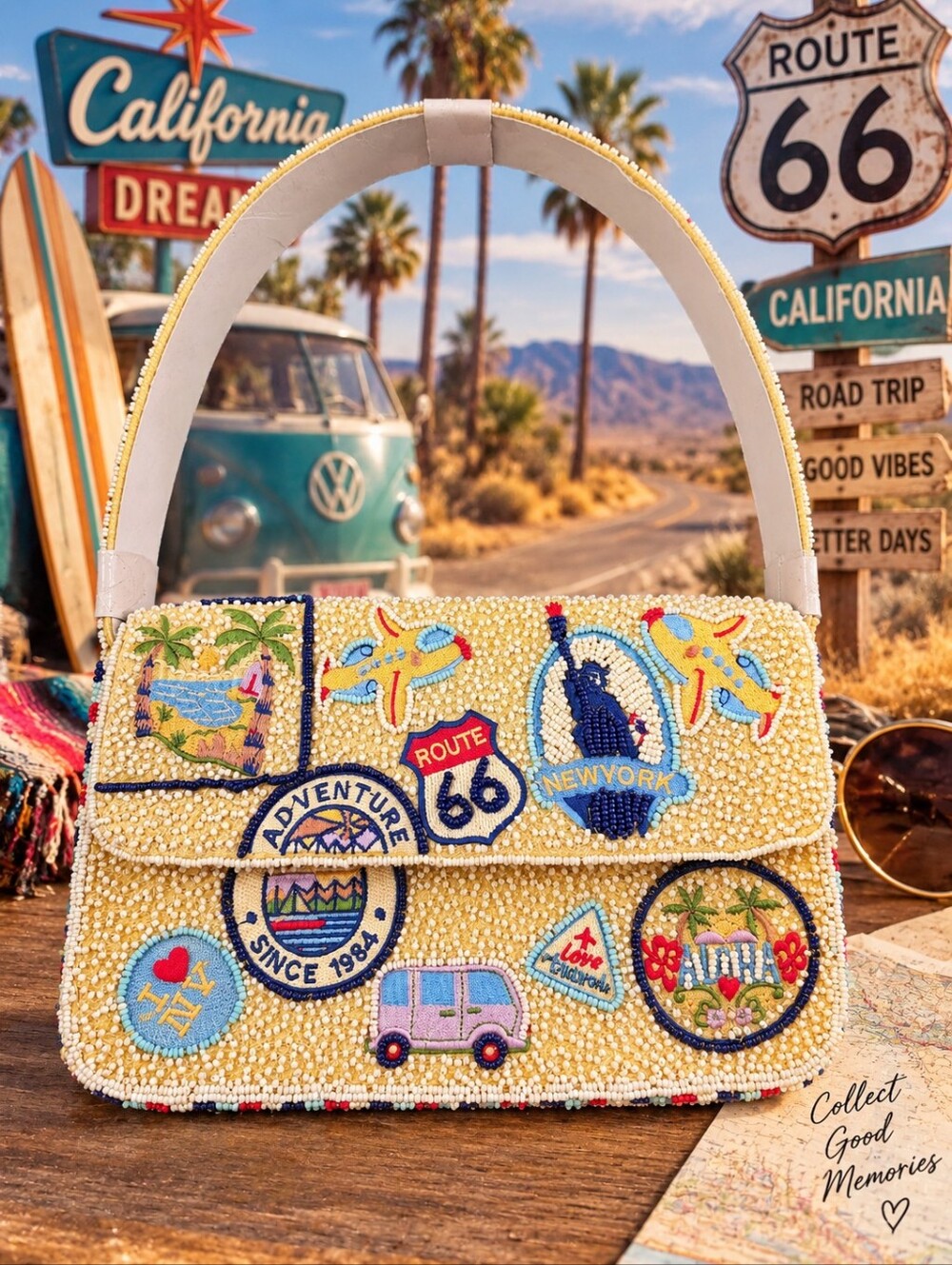 Route 66 Beaded Bag. Yellow Patchwork Shoulder Bag - Ivory. Designer Style NWT